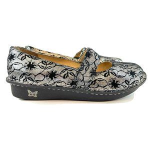 ALEGRIA FEL-327 Mary Jane Women’s Black/Silver Lace Print Size 8/8.5  EU 38
